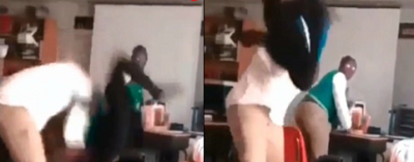 Hair Hatted Beast Gets Body Slammed In Class For Putting Her Hands On A Big Dude! (Video)