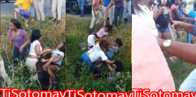 30+ Black Female Teens Have An All Out Brawl In A Ditch & The Streets With Moms Cheering It On! (Video)