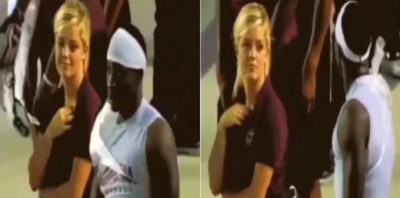 White Woman Caught Getting Hot & Bothered Live On TV While Staring At A Black Football Player! (Video)