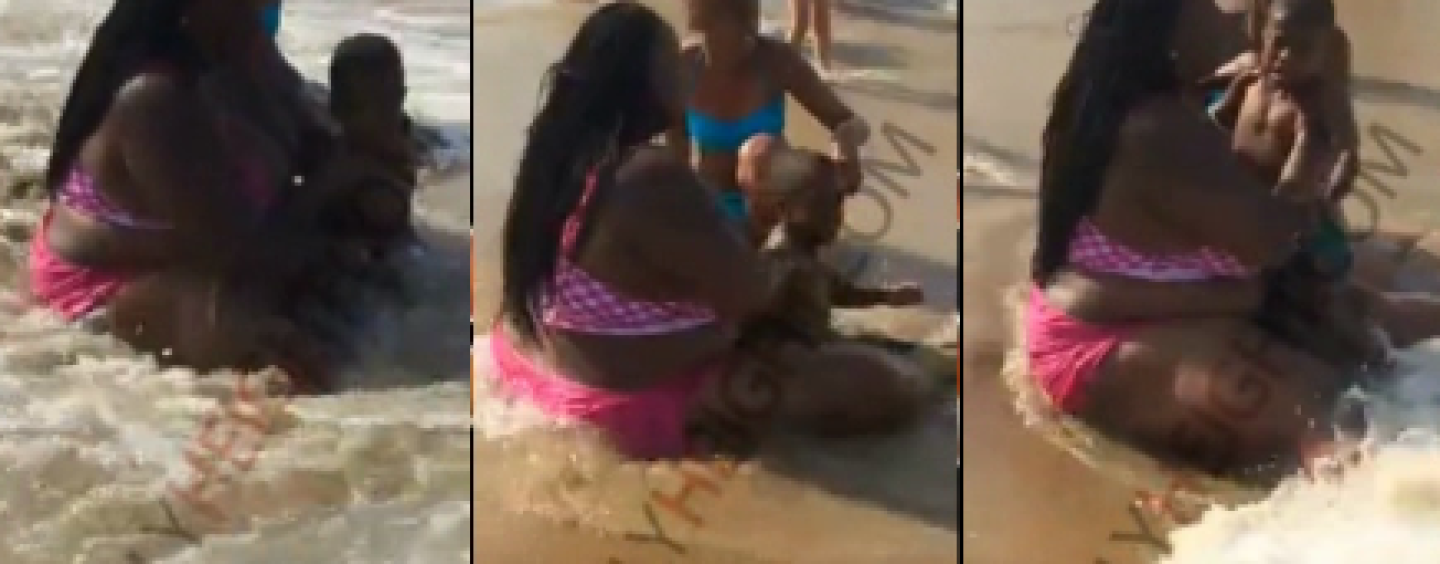 Whale Sized Fatty McFat Fat Beastie Abuses Her Toddler Because He Is Afraid Of The Ocean Water! SMH (Video)