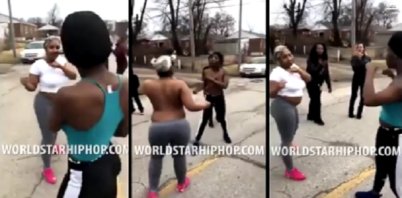 Two Black Girls Take Their Shirts Off And Start Fighting In The Middle Of The Streets! (Video)