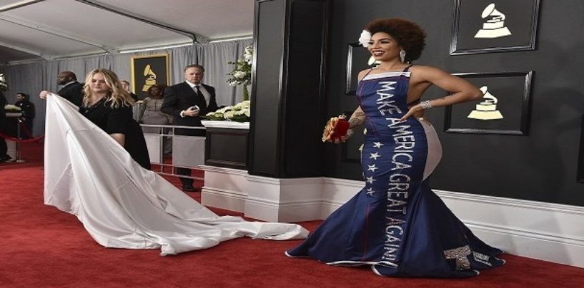 Black Beauty Gets Harsh Liberal Backlash For Wearing MAGA Trump Dress At 2017 Grammy’s! (Video)