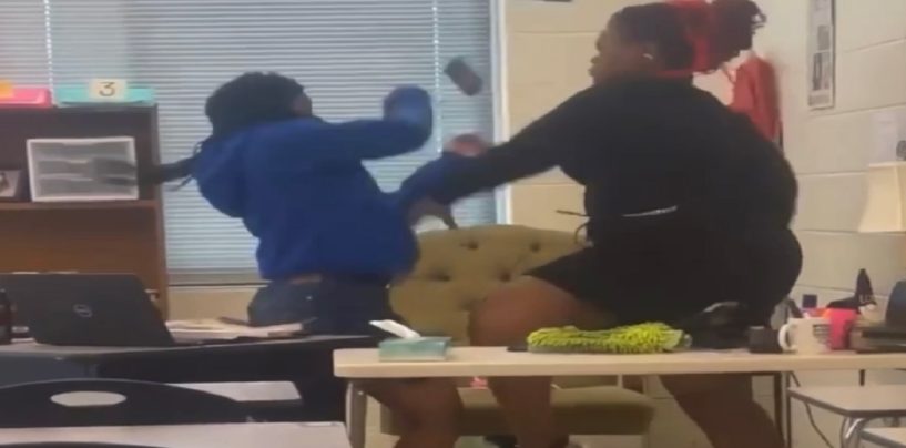 Black Substitute Teacher Wearing No Panties Fights Black Female Student Over Confiscated Phone! (Video)